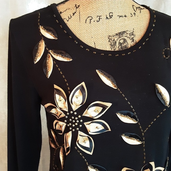 Coral Bay Black Holiday Top Gold Silk Poinsettias Beading 3/4 Sleeve Sz S - Picture 2 of 13